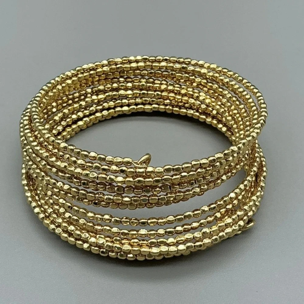 Bracelet Women Gold Tone Beaded Multi Strand Heart Charm Wrap Cuff 7.25 In